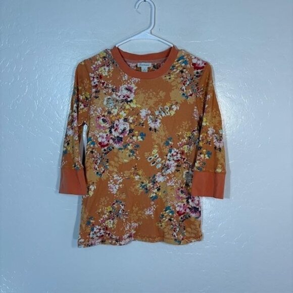 Sundance Shirt Womens Medium Orange Floral Rib Knit 3/4 Sleeve Thermal Tee Rust - Picture 1 of 7